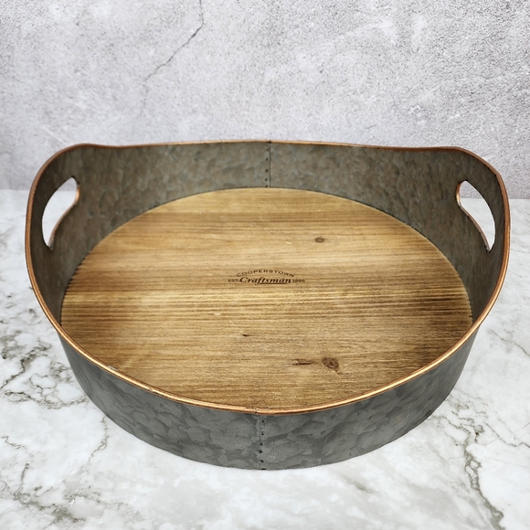 Craftsman Other - Tray Decor, Silver Metal Large Oval Serving Tray, Mango Wood Base and Brass